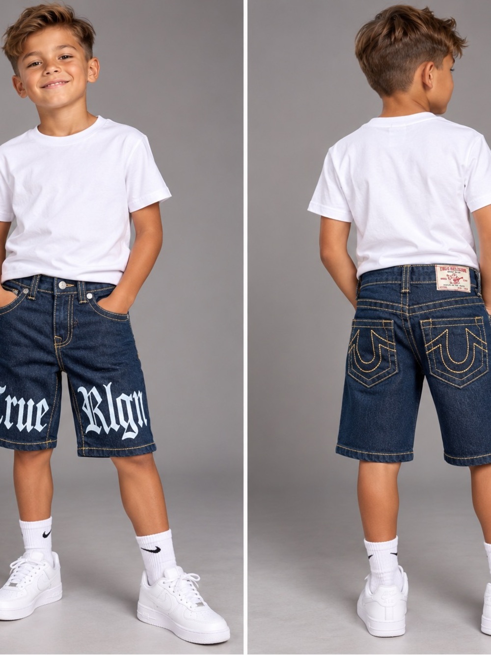 True Religion Dark Blue Denim Shorts with White Graphic